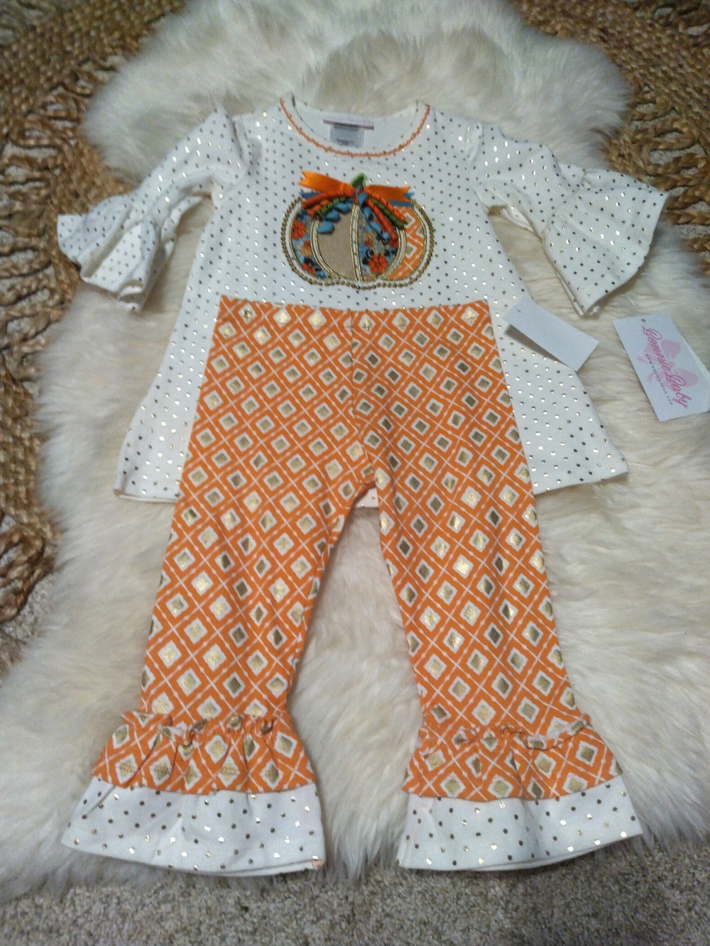 Bonnie Baby Orange and White Pumpkin Patch Girls Matching Set Size 24 Month NWT